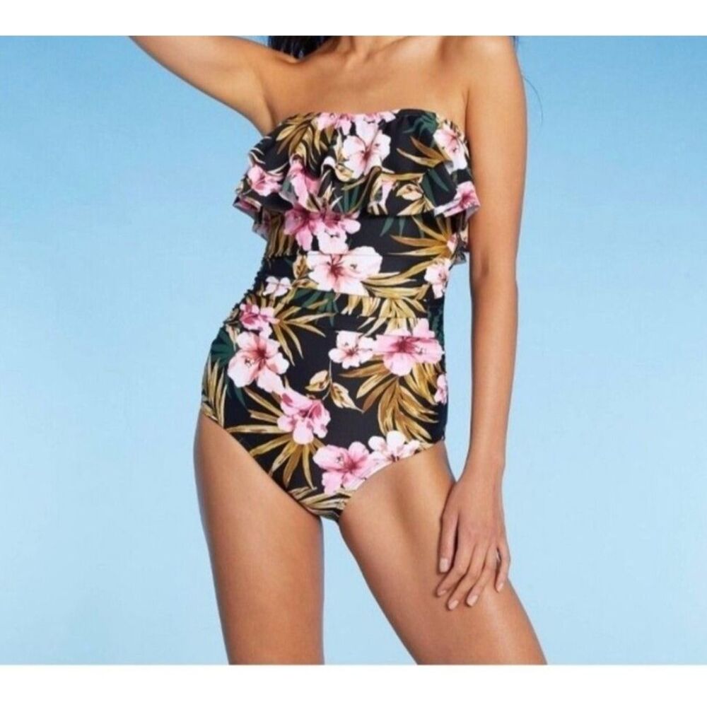 Kona Sol Womens Tropical Floral Ruffled Neck Bandeau One Piece Swimsuit Medium